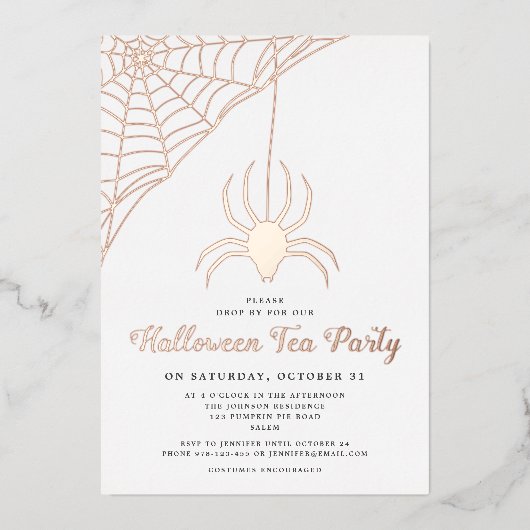 かわいいスパイダーハロウィンティーパーティーバラ金ゴールド 箔招待状 (正面)