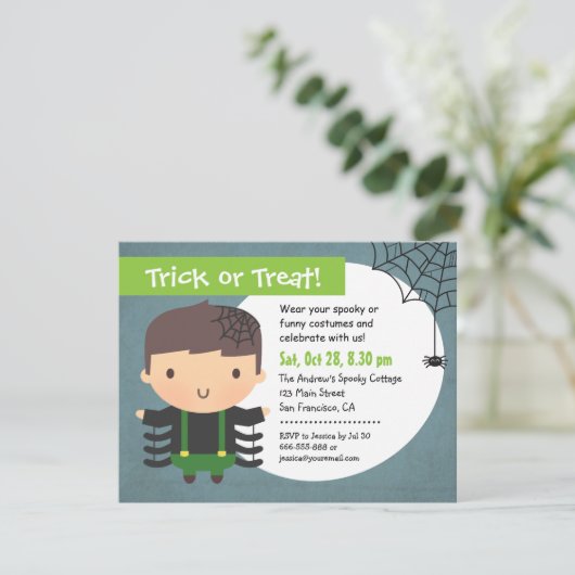 かわいいスパイダーボーイキッズハローウィンパーティ招待状 招待状 (スタンド正面)