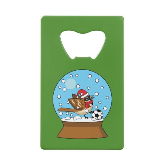 かわいいスパロウのサッカー遊姿のスノーグローブ クレジットカード栓抜き (正面)