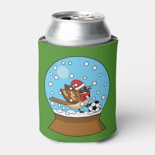 かわいいスパロウのサッカー遊姿のスノーグローブ 缶クーラー (缶正面)