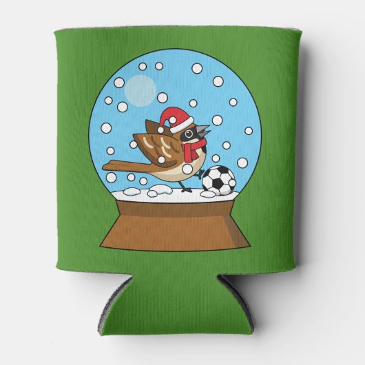 かわいいスパロウのサッカー遊姿のスノーグローブ 缶クーラー (正面)