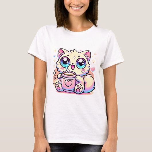 かわいいスパークリー猫とコーヒーマグかわいいティー Tシャツ (正面)