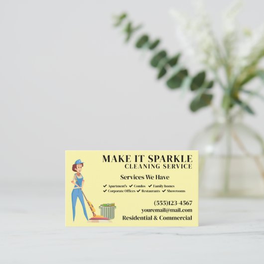 かわいいスパークルカートメイドクリーニングサービス 名刺 (スタンド正面)