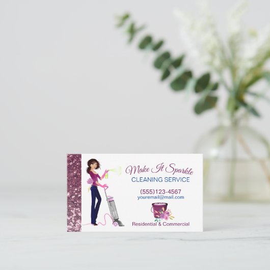 かわいいスパークルカートメイドクリーニングサービス 名刺 (スタンド正面)