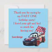 かわいいスピードスター 赤と黒のレースカー 1歳の誕生日 サンキューカード (裏面)