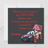 かわいいスピードスター 赤と黒のレースカー 1歳の誕生日 サンキューカード (裏面)