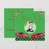 かわいいスピードスター 赤と黒のレースカー 1歳の誕生日 サンキューカード (正面/裏面)