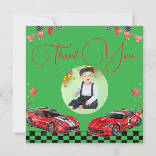 かわいいスピードスター 赤と黒のレースカー 1歳の誕生日 サンキューカード (正面)