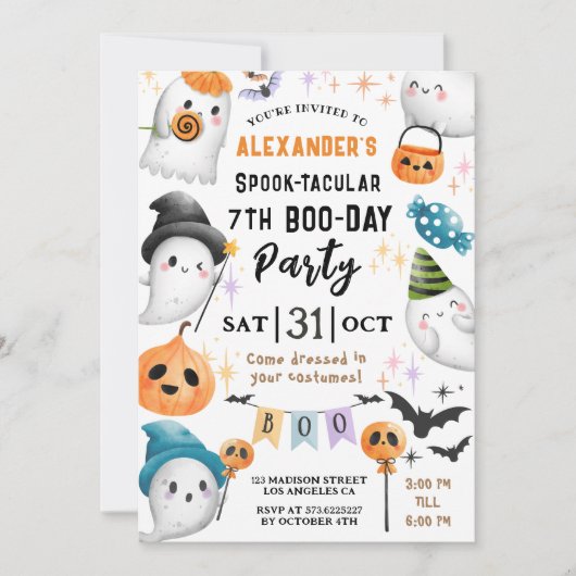 かわいいスプコタキュラハロウィーン7誕生日かわいい男の子 招待状 (正面)