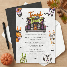 かわいいスプーキーウォーターカラーのトランクオアトリートハロウィン 招待状