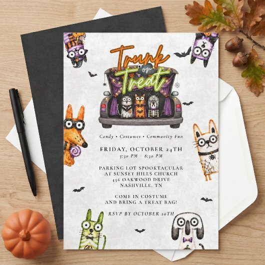 かわいいスプーキーウォーターカラーのトランクオアトリートハロウィン 招待状