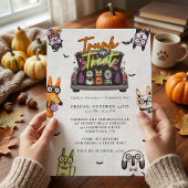 かわいいスプーキーウォーターカラーのトランクオアトリートハロウィン 招待状