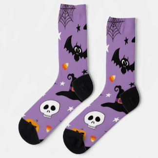 かわいいスプーキー ハロウィンソックス | 紫のこうもり、ドクロ& ソックス