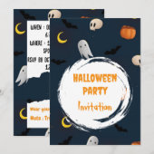 かわいいスプーキー ハロウィンパーティー招待状 ダークブルー (正面/裏面)