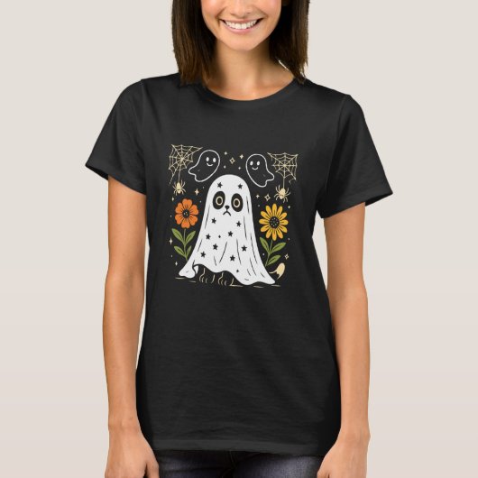 かわいいスプーキー ハロウィン 猫 おばけ コスチューム 秋 花 Tシャツ (正面)