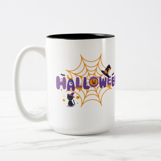 かわいいスプーキー ハロウィン 黒猫とクモの巣 マグ (左)