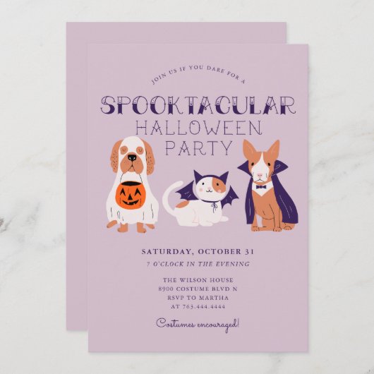 かわいいスプークのコスチュームのペットハローウィンパーティ 招待状 (正面/裏面)