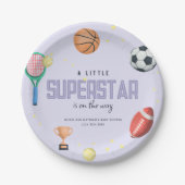 かわいいスポーツスーパースターの女の子パープルベビーシャワー ペーパープレート (正面)
