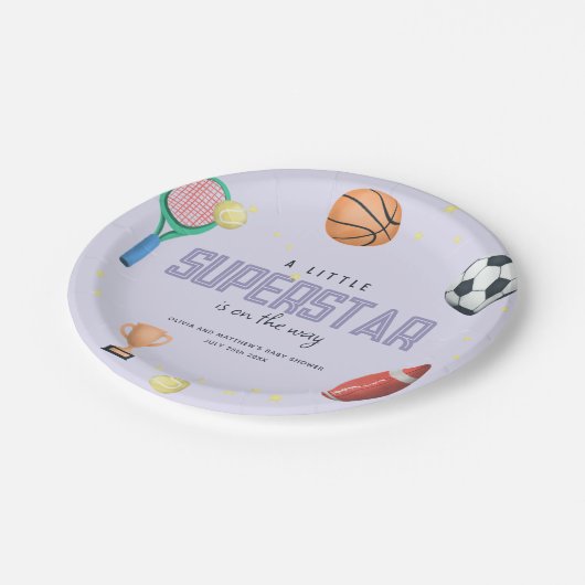 かわいいスポーツスーパースターの女の子パープルベビーシャワー ペーパープレート (アングル)