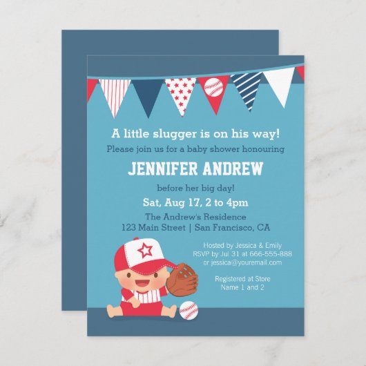 かわいいスポーツ少年野球ベビーシャワー招待状 招待状 (正面/裏面)