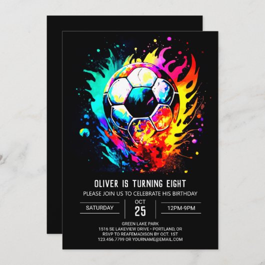 かわいいスポーツ水彩色サッカー誕生日 招待状 (正面/裏面)