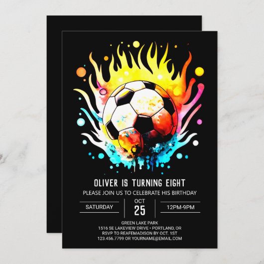 かわいいスポーツ編集可能サッカー誕生日 招待状 (正面/裏面)
