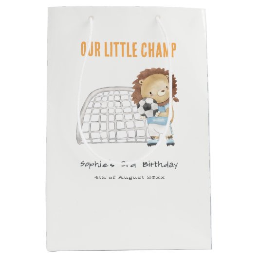 かわいいスポーティサッカープレーヤーライオン子供の誕生日 ミディアムペーパーバッグ (正面)