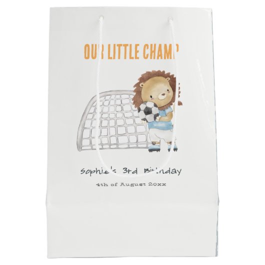 かわいいスポーティサッカープレーヤーライオン子供の誕生日 ミディアムペーパーバッグ (裏面)