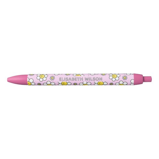 かわいいスマイリーカモミール花スクリプト名モノグラム 黒ボールペン (正面)
