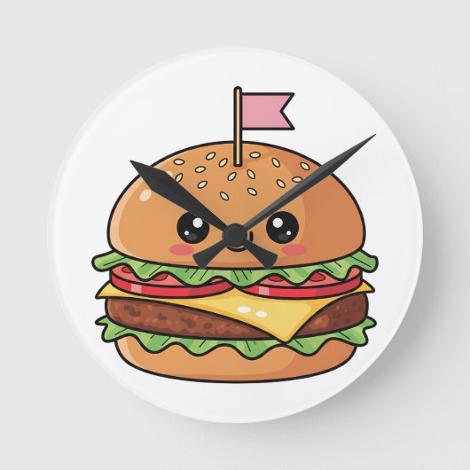 かわいいスマイルチーズバーガーイラスト ラウンド壁時計 (正面)