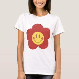 かわいいスマイルフラワーレトロな雰囲気の幸せな顔デザイン Tシャツ