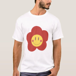 かわいいスマイルフラワーレトロな雰囲気の幸せな顔デザイン Tシャツ