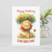 かわいいスマイルライオンとリンゴの木の誕生日カード 招待状 (スタンド正面)