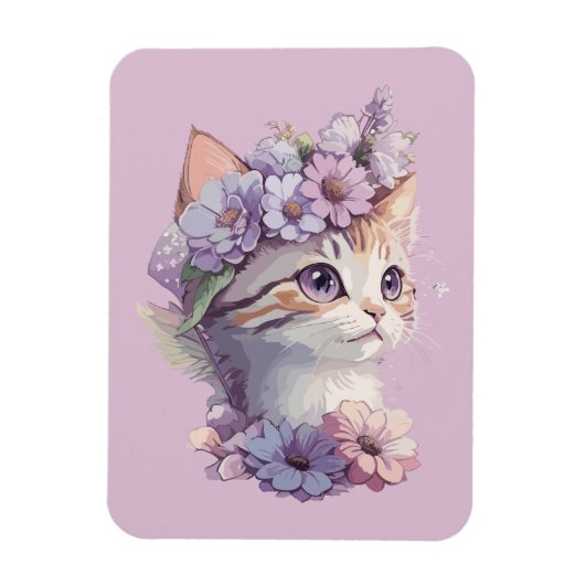 かわいいスミレ水彩猫とフローラ マグネット (縦)
