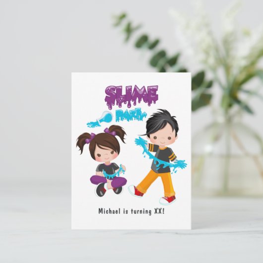 かわいいスライムパーティーの誕生日招待状 ポストカード (スタンド正面)