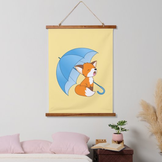 かわいいスリーピリトルキツネアンダーアンブレライエロー 吊り下げ型タペストリー (寝室)