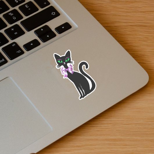かわいいスレンダーな黒猫 緑の目 ピンクの蝶ネクタイ シール
