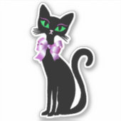 かわいいスレンダーな黒猫 緑の目 ピンクの蝶ネクタイ シール (正面)
