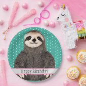 かわいいスロスティール（緑がかった色）の子どものハッピーバースデー動物 ペーパープレート (パーティー)