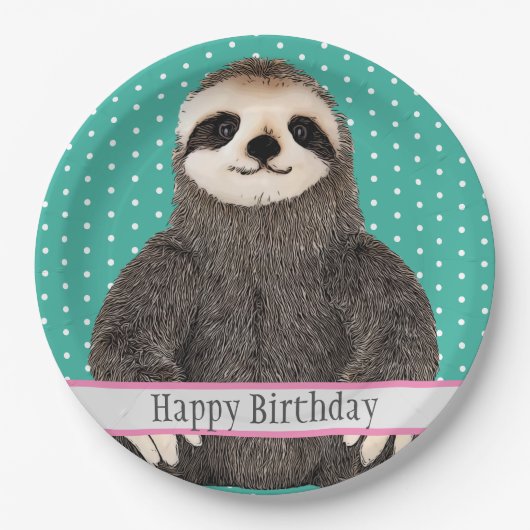 かわいいスロスティール（緑がかった色）の子どものハッピーバースデー動物 ペーパープレート (正面)