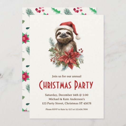 かわいいスロッスサンタハットポインセティアスクリスマスパーティー 招待状 (正面/裏面)