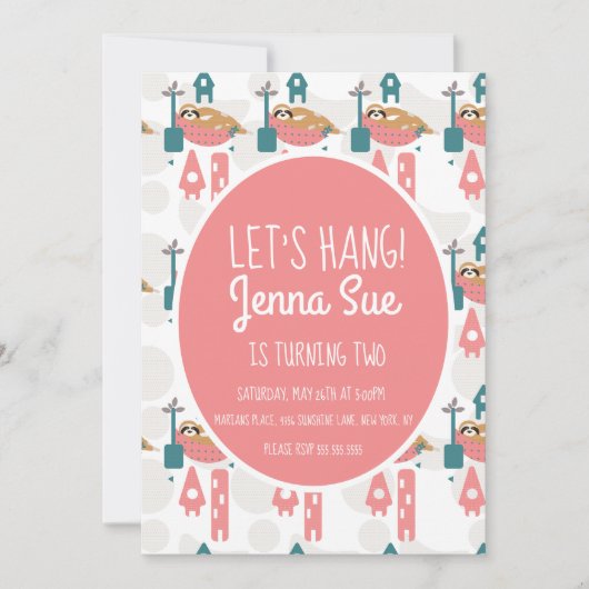 かわいいスロリラックススの誕生日パーティーピンク 招待状 (正面)