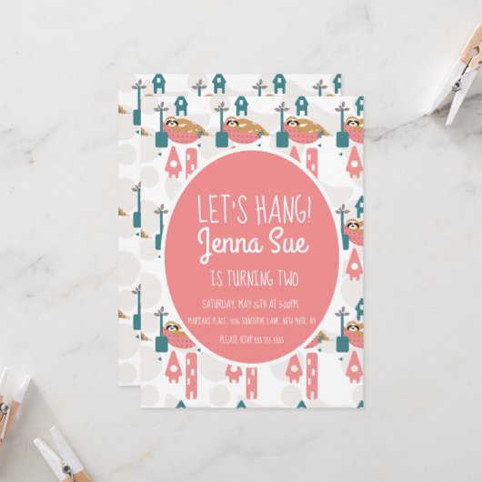 かわいいスロリラックススの誕生日パーティーピンク 招待状 (正面/裏面インサイチュ)