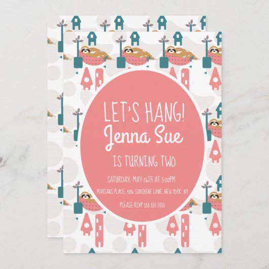 かわいいスロリラックススの誕生日パーティーピンク 招待状 (正面/裏面)