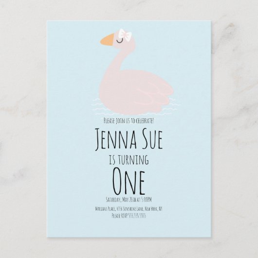 かわいいスワンガール ピンクの誕生日パーティー招待状 ポストカード (正面)