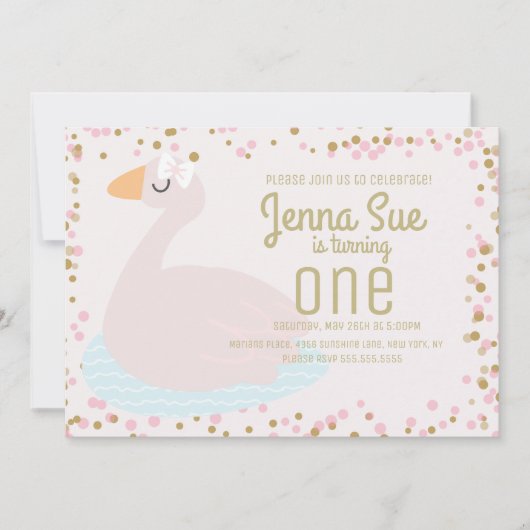 かわいいスワンピンクボウ紙吹雪ガールズバースデーパーティー 招待状 (正面)