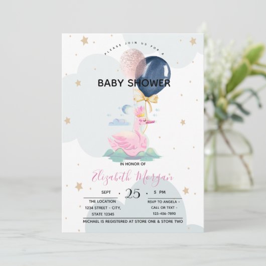 かわいいスワン風船ベビーシャワー 招待状 (スタンド正面)
