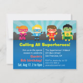 かわいいスーパカラフルーヒーロー誕生パーティー 招待状 (正面)