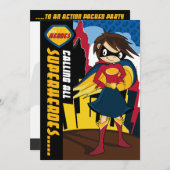 かわいいスーパーヒロインの女の子のパーティー招待状 招待状 (正面/裏面)