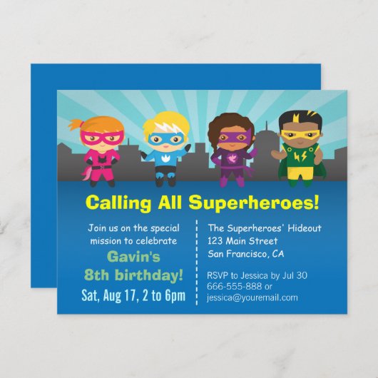 かわいいスーパーヒーローの誕生会は招待状をからかいます 招待状 (正面/裏面)